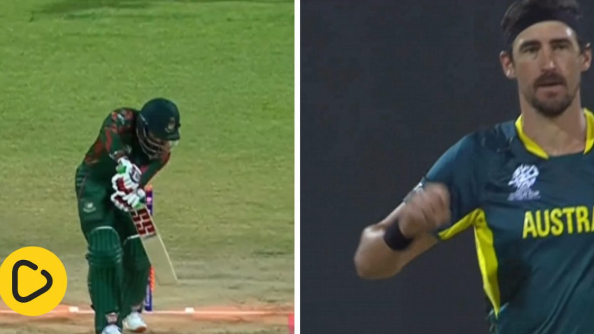 Starc bowls Tanzid Hasan during Australia's T20 World Cup Super Eights clash against Bangladesh