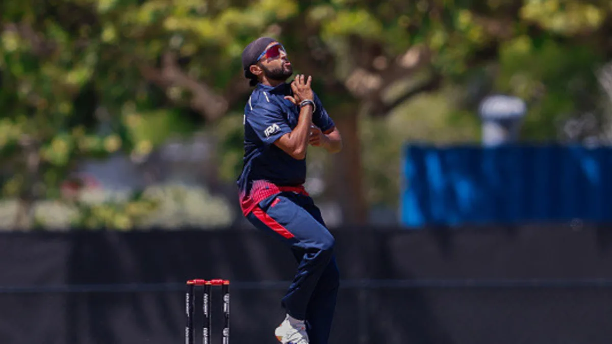 USA player Harmeet Singh (7) runs into bowl during the ICC Cricket World Cup League match between USA and Canada on Saturday, May 17, 2025 at Central Broward Regional Park, Fort Lauderdale, Fla