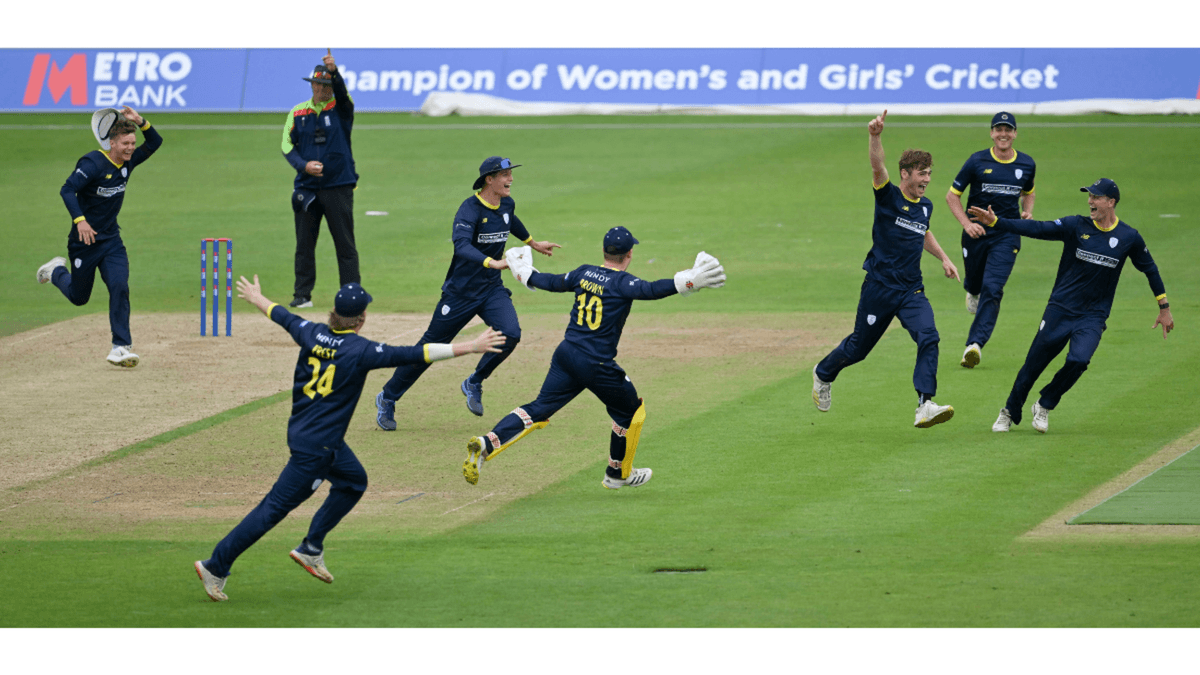 Eighteen-year-old Dom Kelly relishes completing the hat-trick that seals victory over Derbyshire in a Metro Bank 50-over game at the Utilita Bowl, Southampton, on August 7.