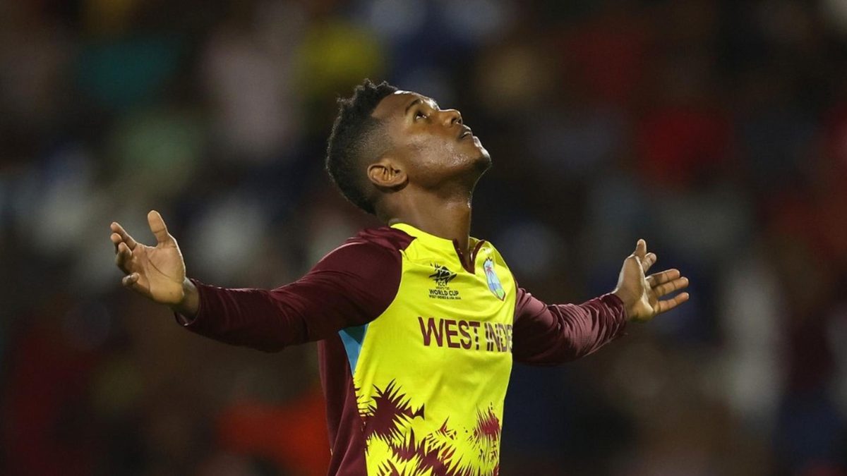 Akeal Hosein celebrates during a T20I game for West Indies