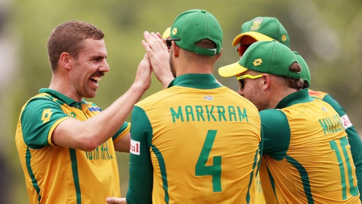 Anrich Nortje celebrates in the 2024 T20 World Cup final