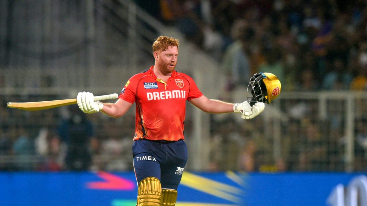 Punjab Kings' Jonny Bairstow celebrates after scoring a century (100 runs) during the Indian Premier League (IPL) Twenty20 cricket match between Kolkata Knight Riders and Punjab Kings at the Eden Gardens in Kolkata on April 26, 2024