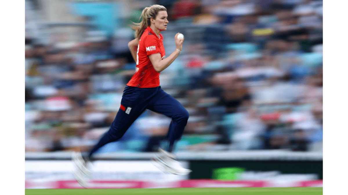 England's Lauren Bell runs in to bowl against New Zealand at The Kia Oval, July 13. England won by seven wickets.