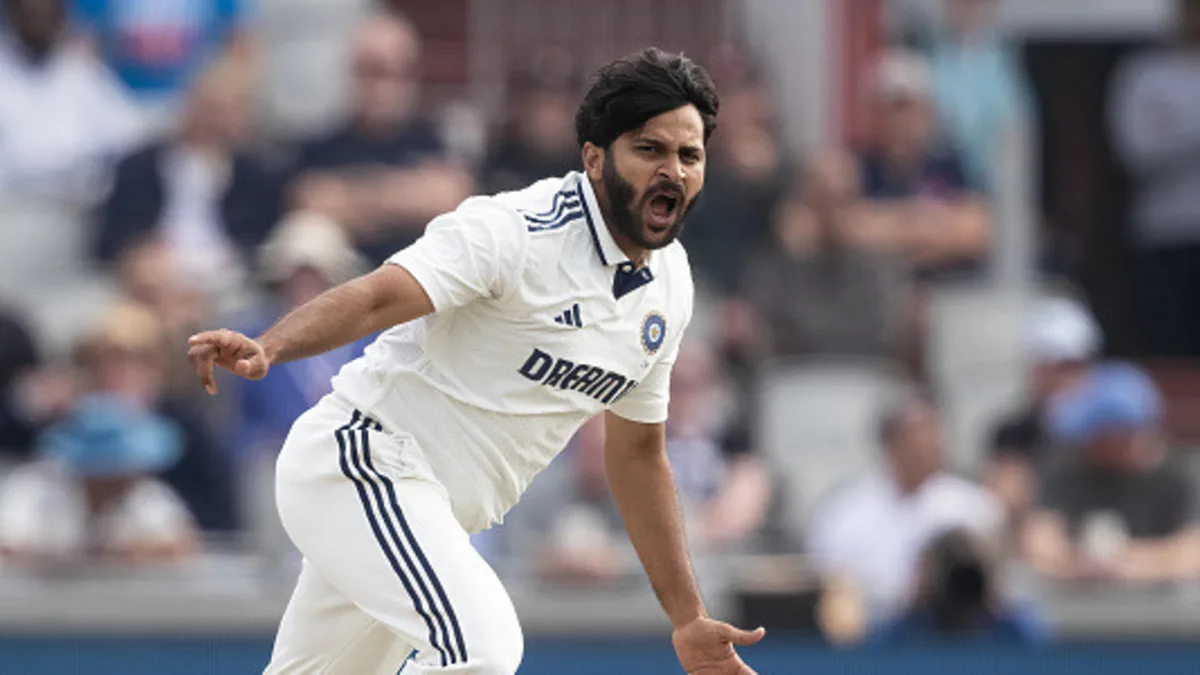 Shardul Thakur of India looks on during day two of the 4th Rothesay Test Match between England and India at Emirates Old Trafford on July 24, 2025 in Manchester, England