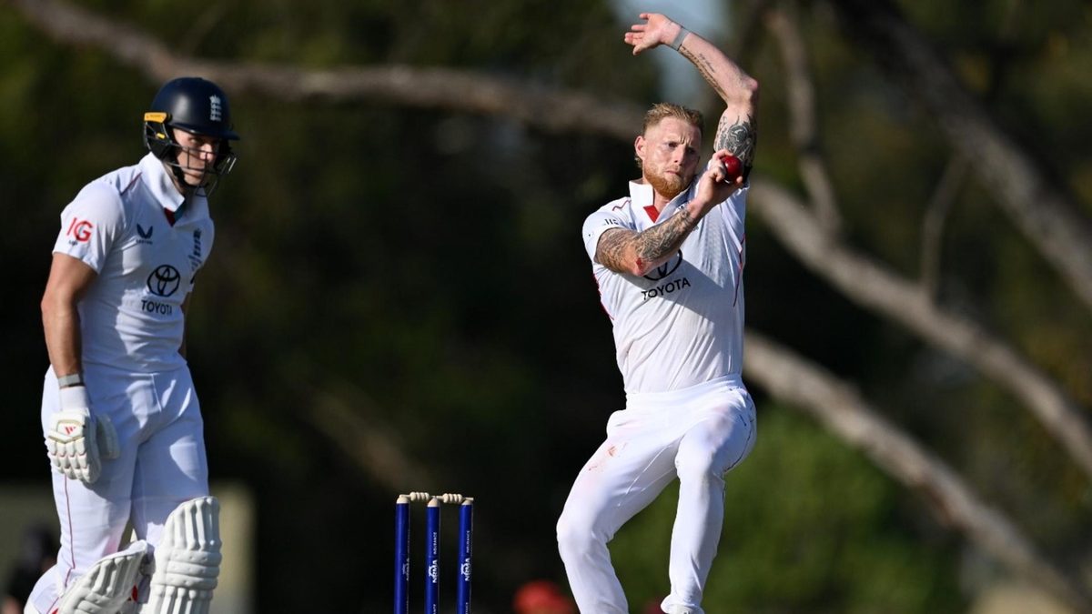 Ben Stokes bowls during the England Ashes warm-up game vs the Lions