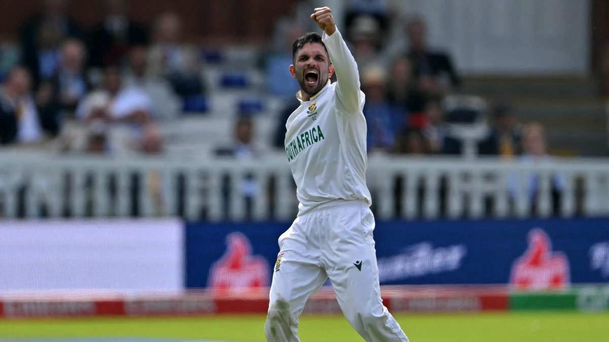 South Africa's Keshav Maharaj celebrates taking the wicket of Australia's wicket keeper Alex Carey (unseen) for 23 runs during day one of the ICC World Test Championship cricket final match between Australia and South Africa, at Lord's cricket ground, in London, on June 11, 2025