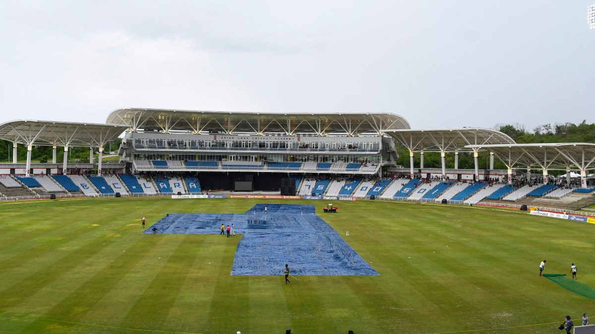 The field is covered during a rain delay in the 1st T20i match between West Indies and South Africa at Brian Lara Cricket Academy Stadium in Tarouba, San Fernando, Trinidad and Tobago, on August 23, 2024