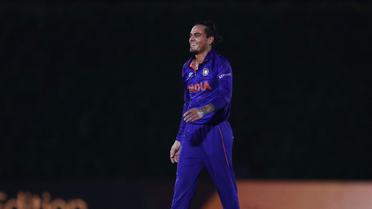 Rahul Chahar of India celebrates the wicket of Dawid Malan of England during the India and England warm Up Match prior to the ICC Men's T20 World Cup at on October 18, 2021 in Dubai, United Arab Emirates