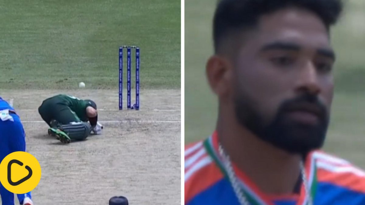 Mohammed Siraj hits Mohammed Rizwan with a full-blooded return throw in the T20 World Cup 2024 fixture between India and Pakistan