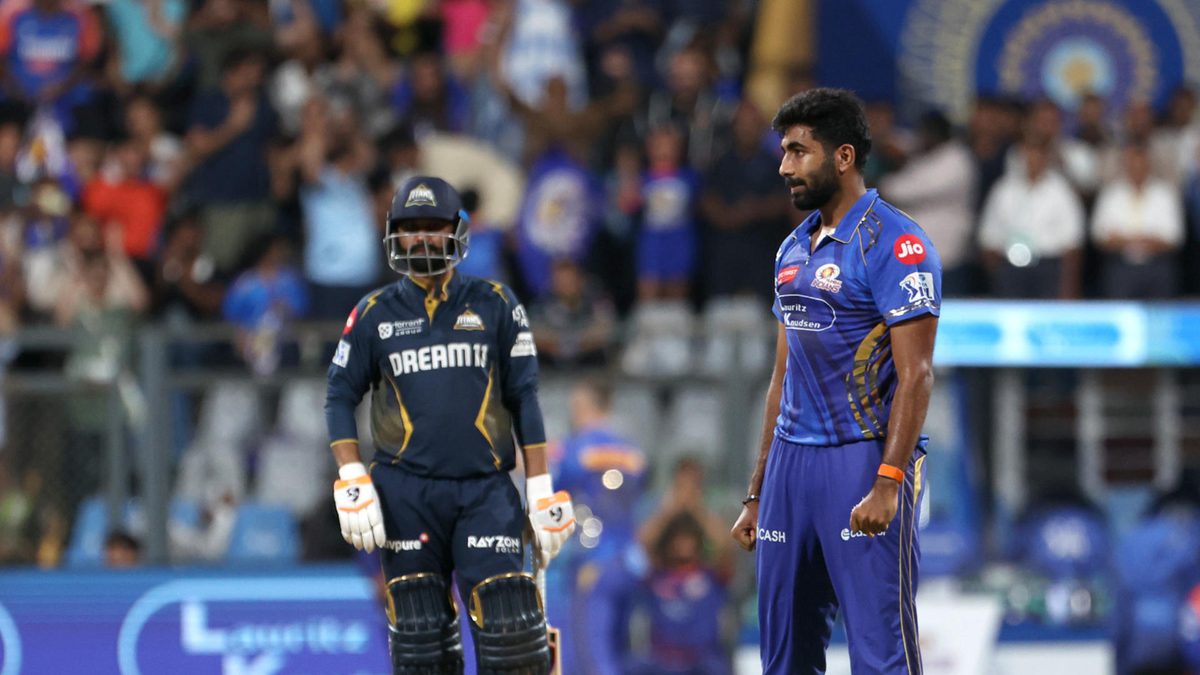 Jasprit Bumrah of Mumbai Indians celebrates the wicket of Shahrukh Khan of Gujrat Titans during the 2025 IPL match between Mumbai Indians and Gujrat Titans at Wankhede Stadium on May 06, 2025, in Mumbai, India