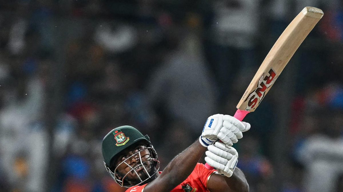 Bangladesh's Jaker Ali plays a shot during the first Twenty20 cricket match between India and Bangladesh at the Shrimant Madhavrao Scindia Cricket Stadium in Gwalior on October 6, 2024