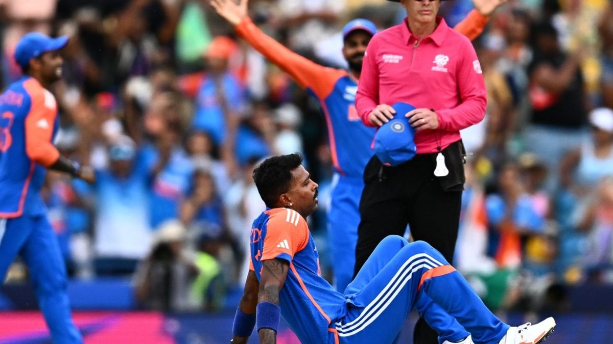 Hardik Pandya falls to the ground after winning India the 2024 T20 World Cup final