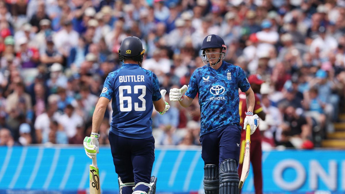 Harry Brook of England is congratulated by batting partner Jos Buttler after reaching his half century during the 1st Metro Bank ODI match between England and West Indies at Edgbaston on May 29, 2025 in Birmingham, England