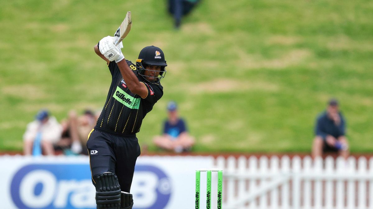 Rachin Ravindra of Wellington bats during the T20 Super Smash match between the Wellington Firebirds and the Northern Brave Mens at Basin Reserve on January 15, 2024 in Wellington, New Zealand