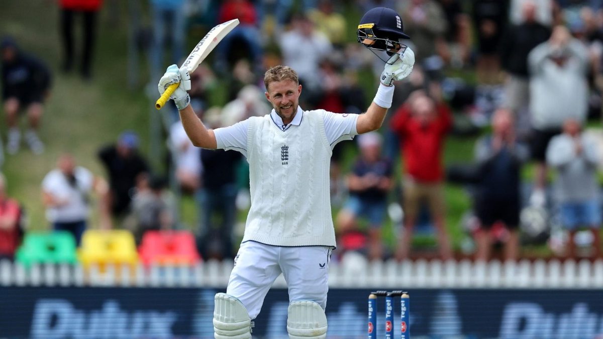 Joe Root celebrates after reach a century at the Basin Reserve