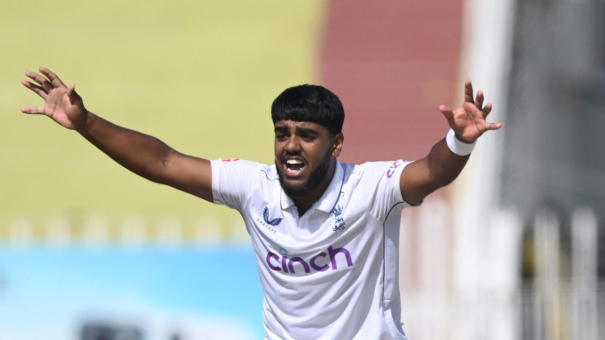 England bowler Rehan Ahmed appeals with success for the wicket of Salman Ali Agha during day two of the 3rd Test Match between Pakistan and England at Rawalpindi Cricket Stadium on October 25, 2024 in Rawalpindi, Pakistan