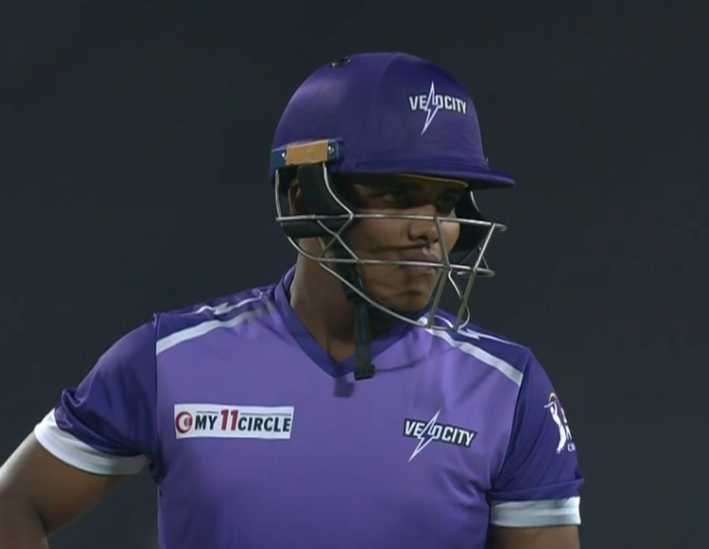 Kiran Navgire with a steely look in her eyes before facing her first ball in the Women's T20 Challenge in 2022