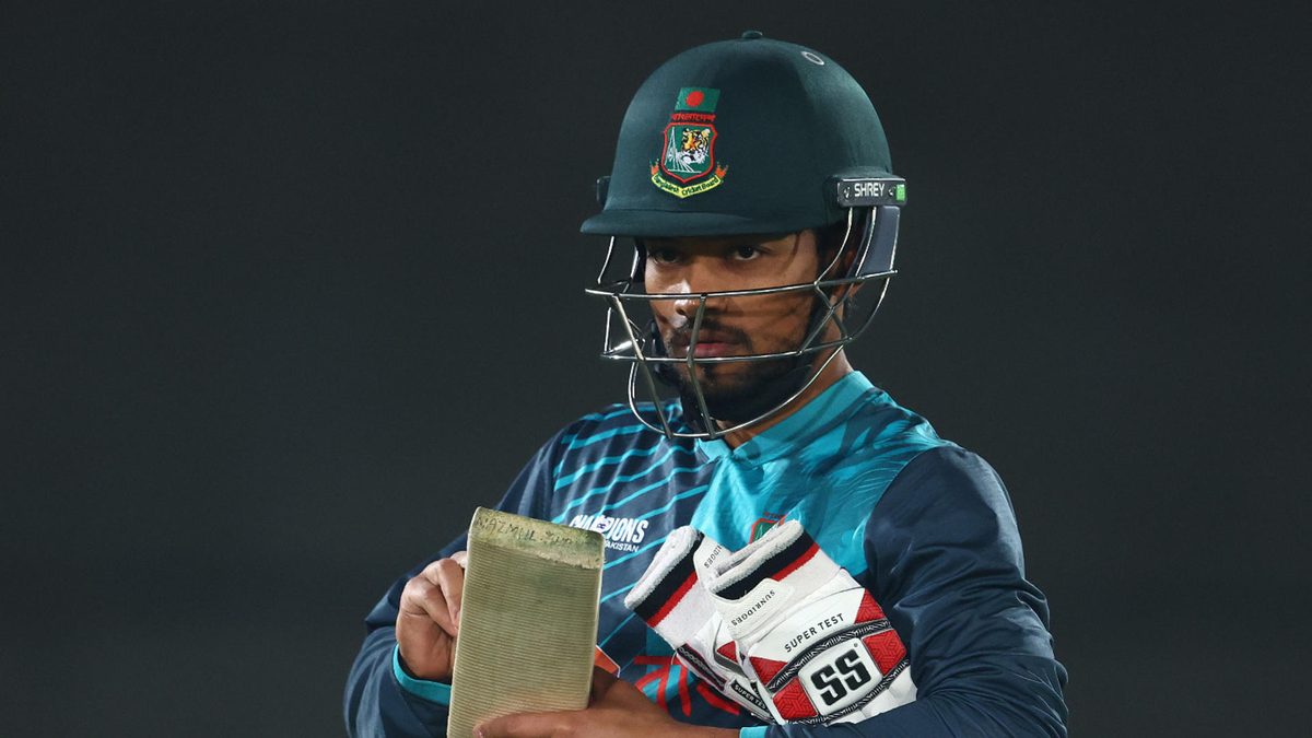 Najmul Hossain Shanto of Bangladesh looks on during a nets session on February 23, 2025 in Rawalpindi, Pakistan