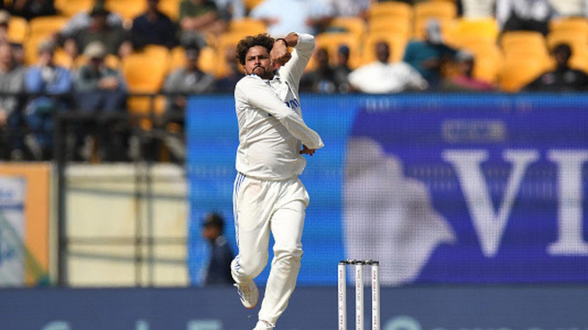Kuldeep Yadav of India bowls during day one of the 5th Test Match between India and England at Himachal Pradesh Cricket Association Stadium on March 07, 2024 in Dharamsala, India