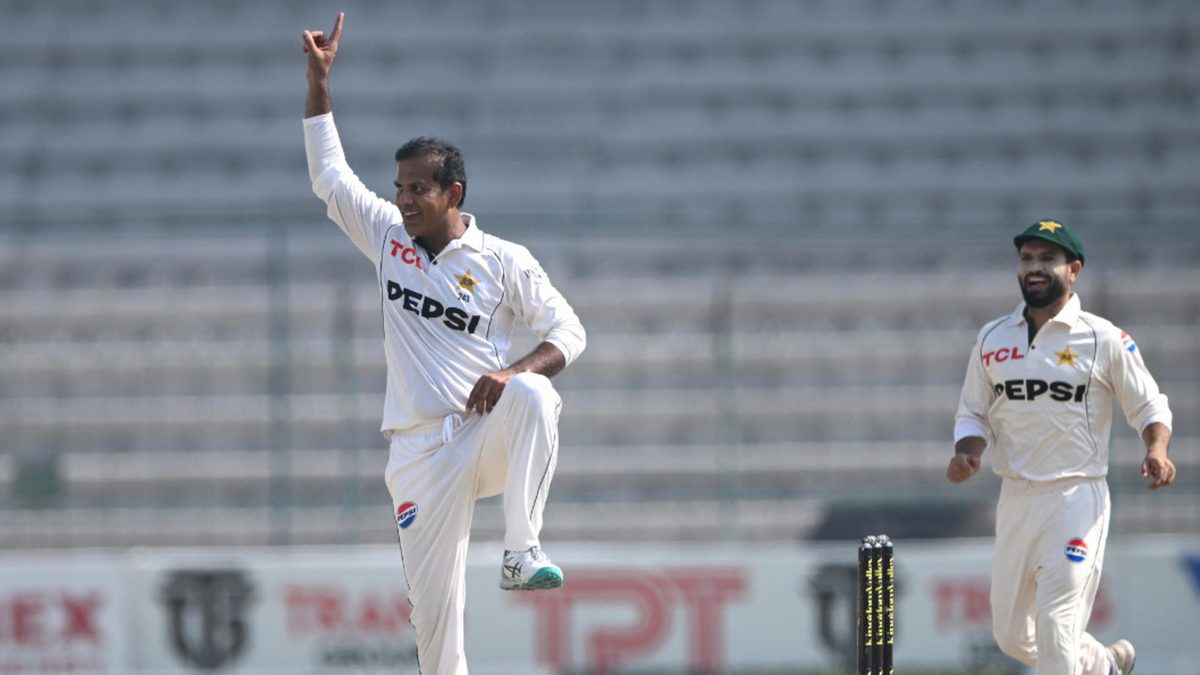 Pakistan bowler Noman Ali celebrates the wicket of England batter Jamie Smith during day three of the Second Test Match between Pakistan and England in Multan