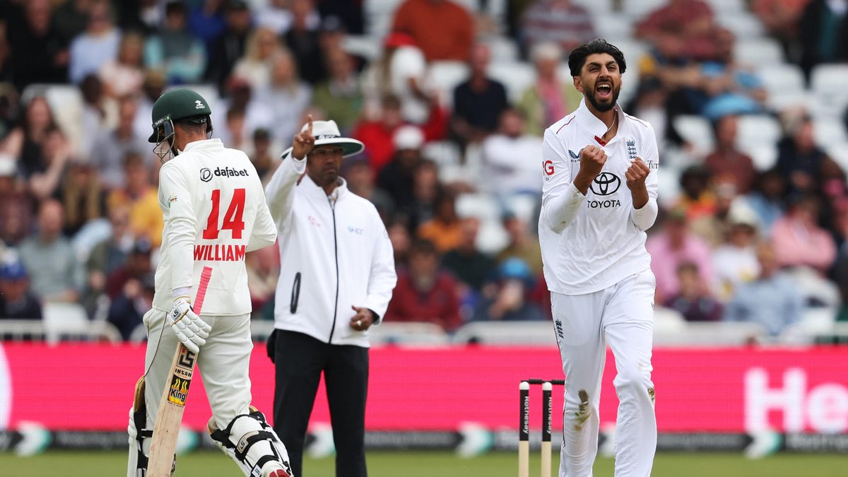 Shoaib Bashir of England celebrates bowling Sean Williams of Zimbabwe LBW on day three of the Rothesay Test Match between England and Zimbabwe at Trent Bridge at Trent Bridge on May 24, 2025 in Nottingham, England