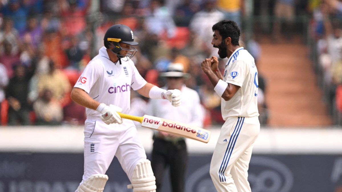 Jasprit Bumrah of India celebrates after taking the wicket of Joe Root of England, which is given as out after a Review, during Day Three of the 1st Test Match between India and England at Rajiv Gandhi International Stadium on January 27, 2024 in Hyderabad, India