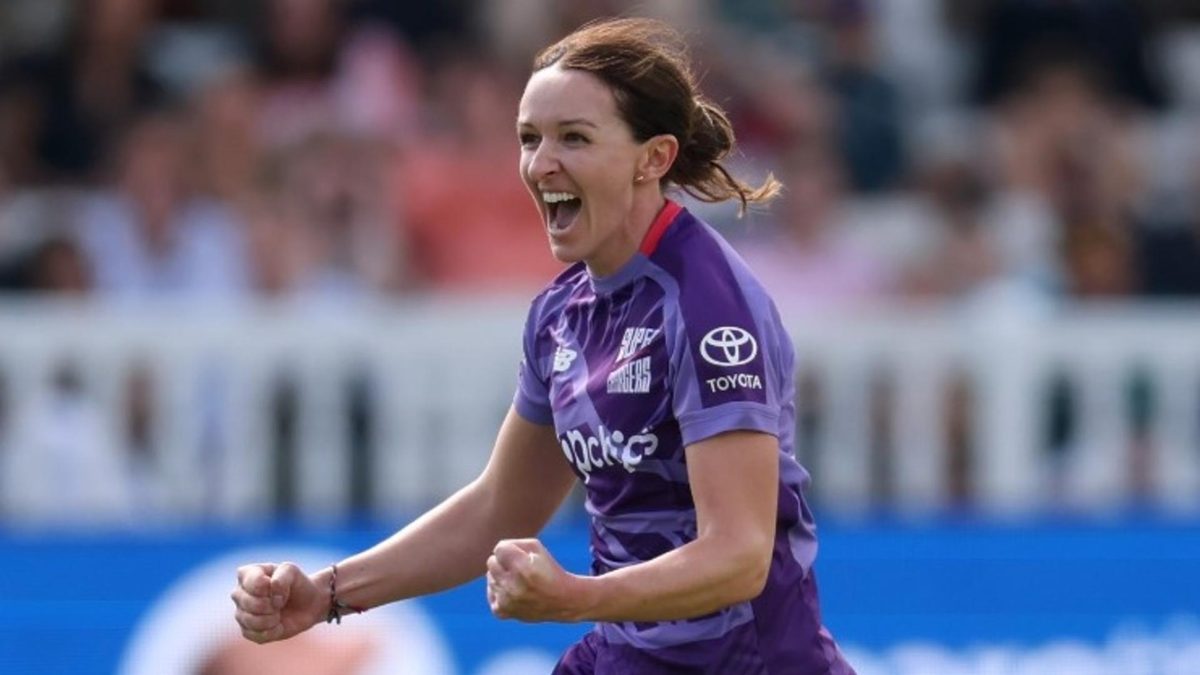 Kate Cross celebrates taking a wicket in The Hundred final