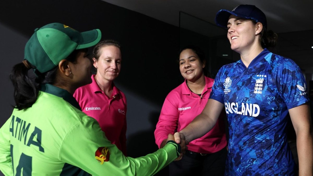 Fatima Sana and Nat Sciver-Brunt shake hands following World Cup washout