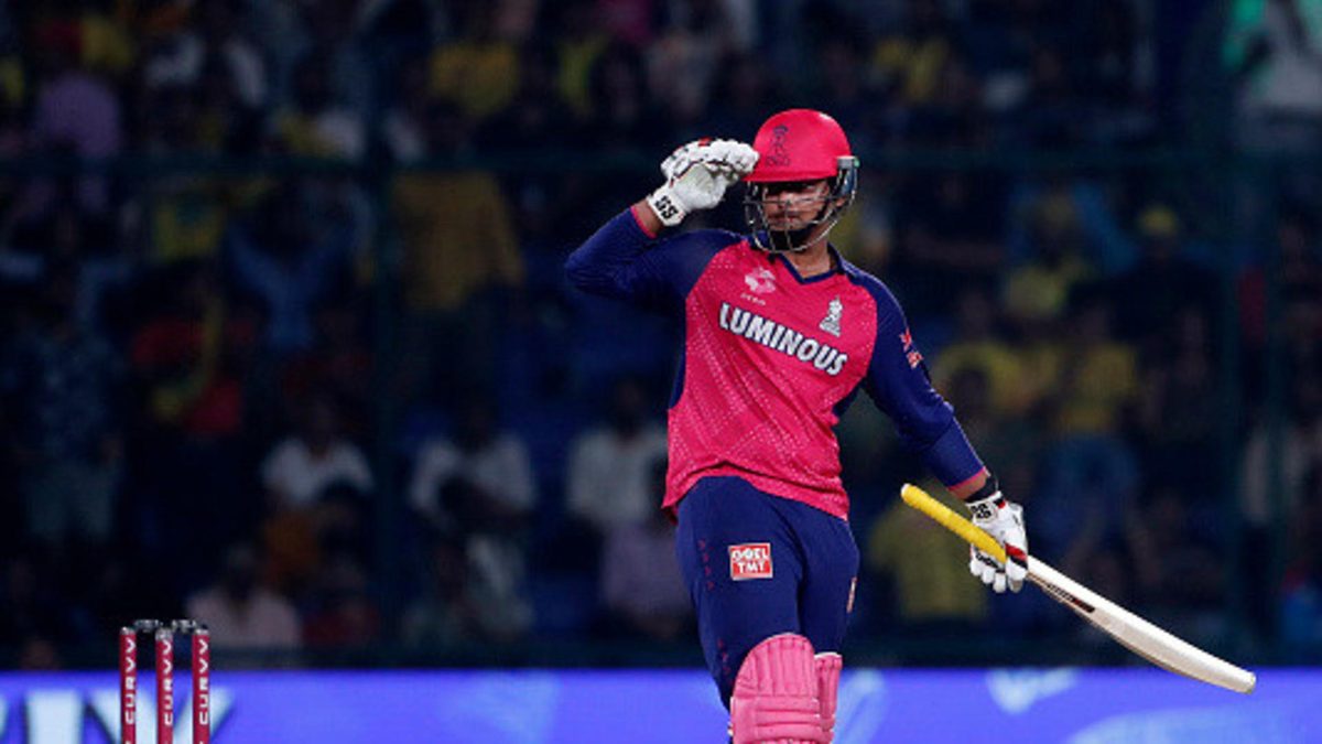 Vaibhav Suryavanshi of Rajasthan Royals celebrates after scoring a fifty (50 runs) during the 2025 IPL match between Chennai Super Kings and Rajasthan Royals at Arun Jaitley Stadium on May 20, 2025, in Delhi, India
