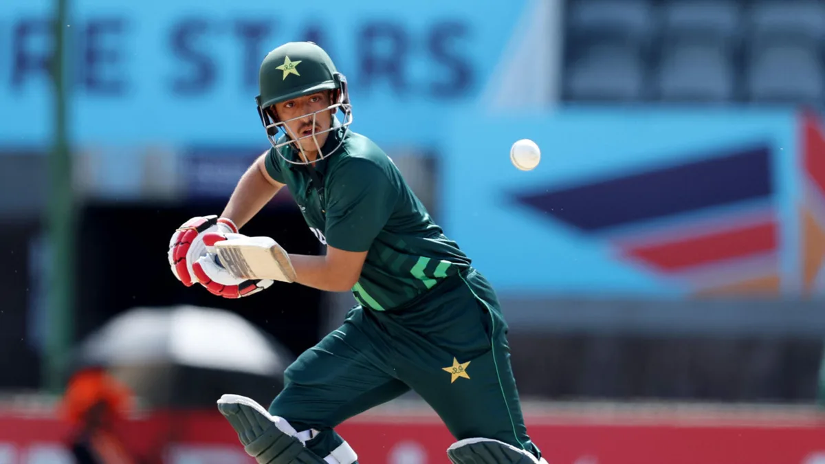 Azan Awais of Pakistan bats during the ICC U19 Men's Cricket World Cup South Africa 2024 Super Six match between Pakistan and Ireland at JB Marks Oval on January 30, 2024 in Potchefstroom, South Africa