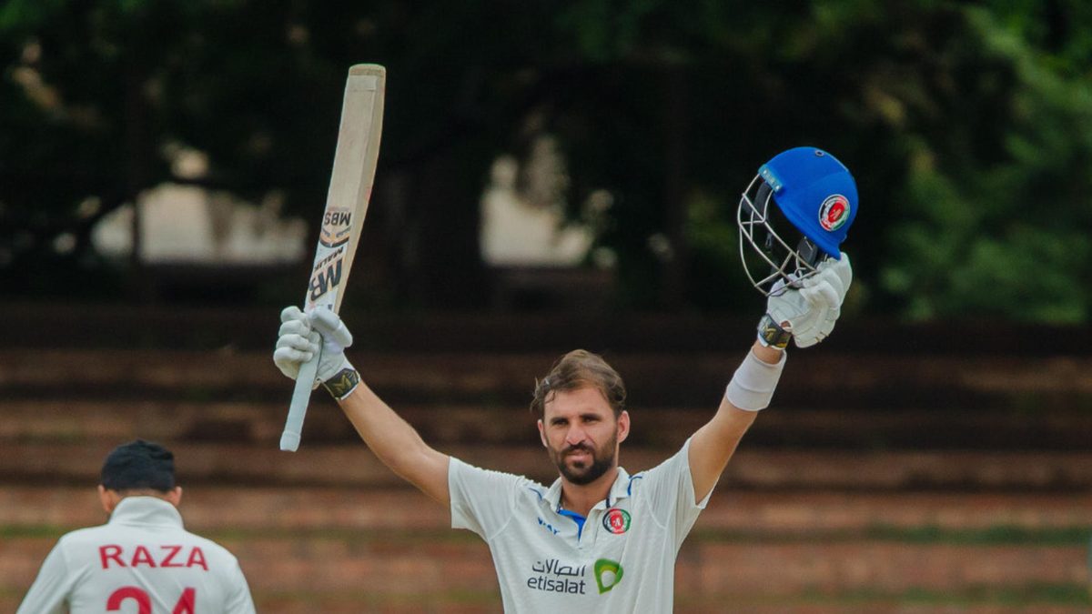 Ismat Alam celebrates after scoring a century on day four the New Year’s Test between Afghanistan and Zimbabwe