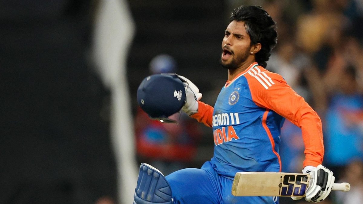 Tilak Varma celebrates reaching a century against South Africa