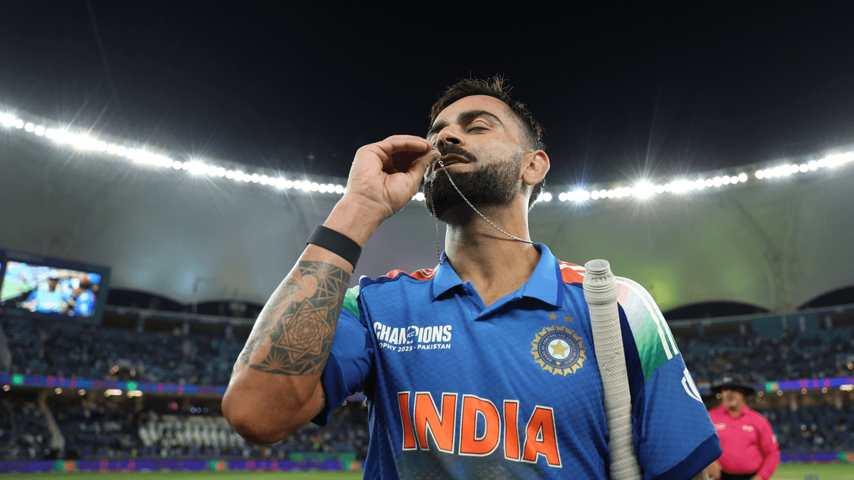 Virat Kohli celebrates scoring a century against Pakistan in the 2025 Champions Trophy