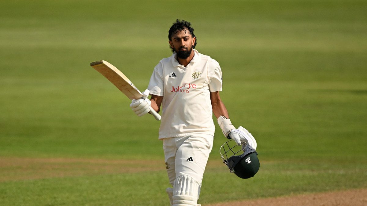 Haseeb Hameed of Nottinghamshire celebrates his double century on day three of the Rothesay County Championship match between Nottinghamshire and Somerset at Trent Bridge on July 31, 2025 in Nottingham, England