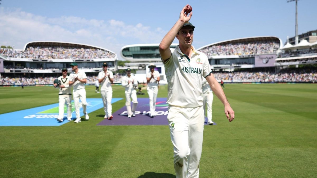 Pat Cummins walks off the field after taking a five-for in the WTC final at Lord's