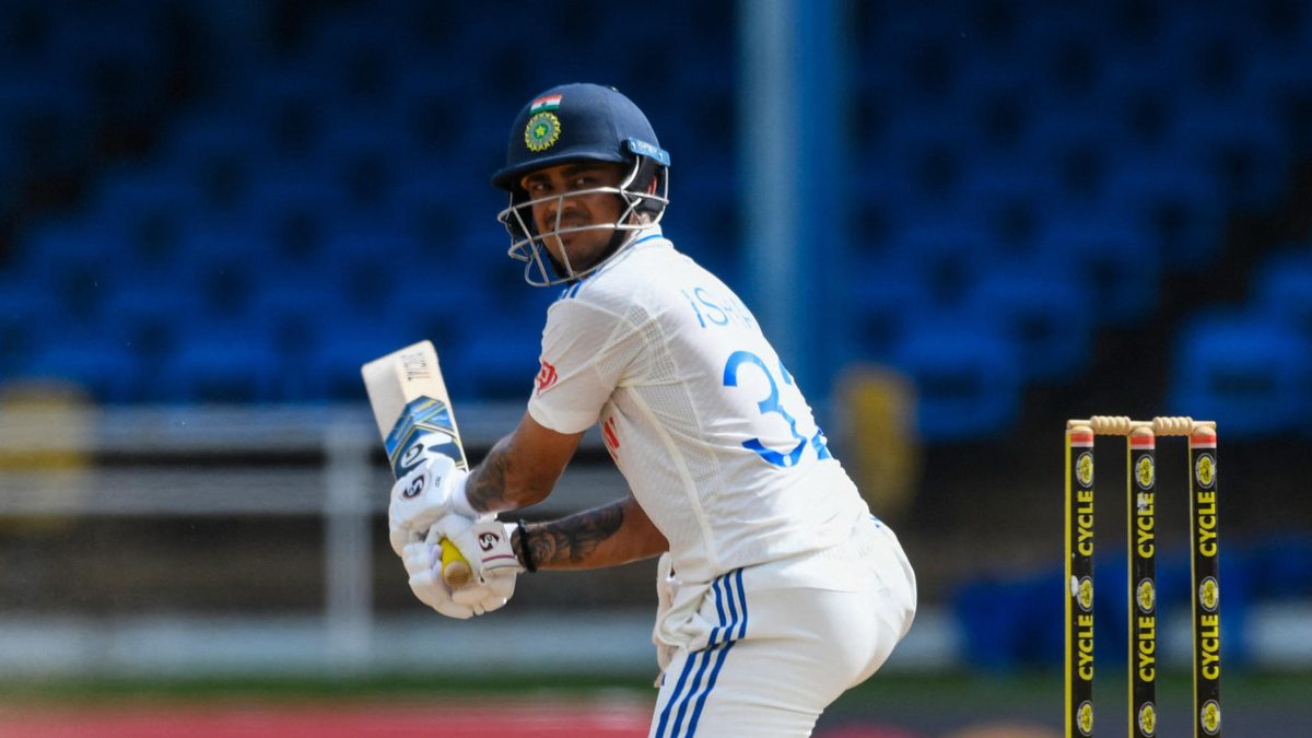 Ishan Kishan, of India, hits 4 during the fourth day of the second Test cricket match between India and West Indies at Queen's Park Oval in Port of Spain, Trinidad and Tobago, on July 23, 2023