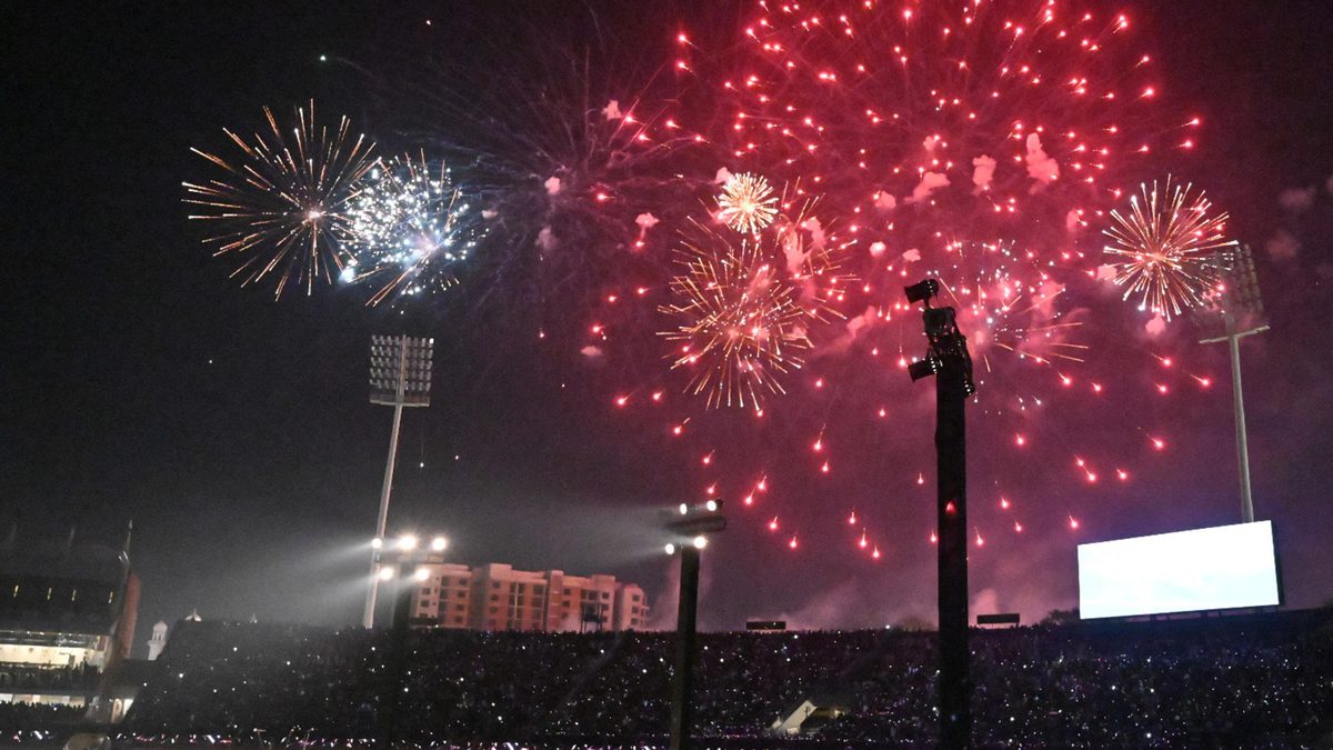 Fireworks light up the sky during the inauguration ceremony of the renovated Gaddafi Cricket Stadium in Lahore on February 7, 2025, ahead of the ICC Champions Trophy 2025. Pakistan opened a renovated stadium for the Champions Trophy in Lahore on Friday, one of three to be used when it hosts its first major international cricket event in almost 30 years. The ICC Champions Trophy 2025 will run from 19 February to 9 March