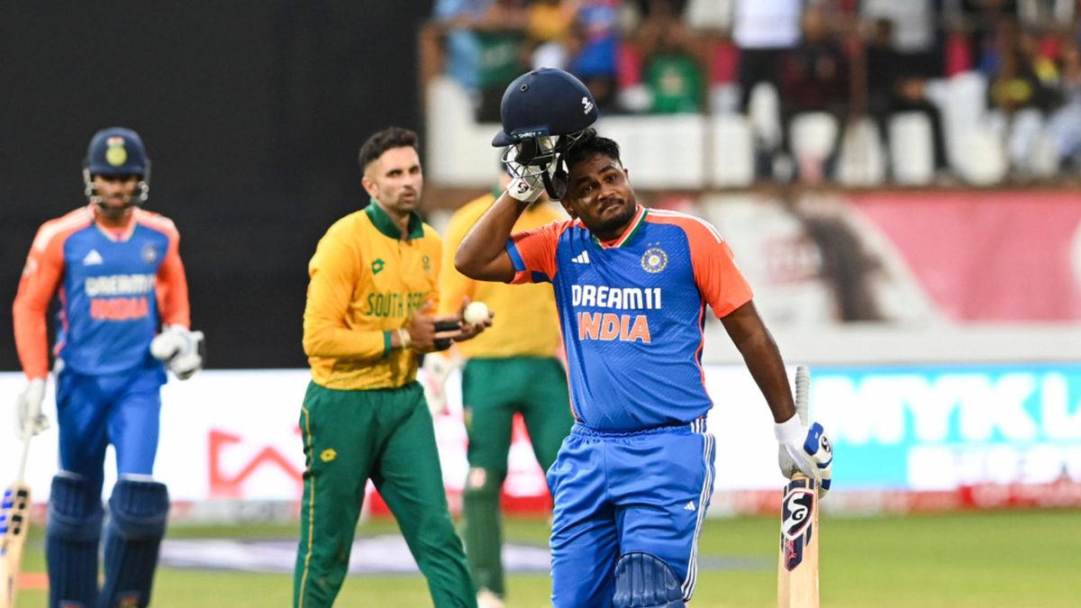 Sanju Samson of India celebrates hundred runs during the Wonder Cement International Series, 1st T20 match between South Africa and India at Hollywoodbets Kingsmead Stadium on November 08, 2024 in Durban, South Africa