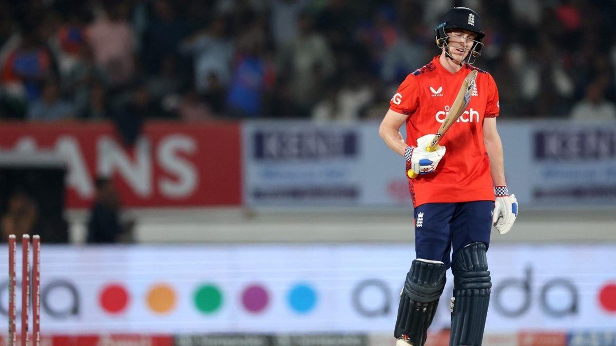 Harry Brook walks off the field disappointed in Rajkot after playing on off Ravi Bishnoi, the India leg-spinner
