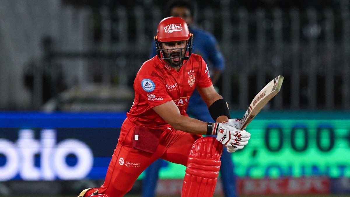 Islamabad United's Sahibzada Farhan shouts after playing a shot during the Pakistan Super League (PSL) Twenty20 cricket match between Islamabad United and Multan Sultans at the Rawalpindi Cricket Stadium in Rawalpindi on April 16, 2025