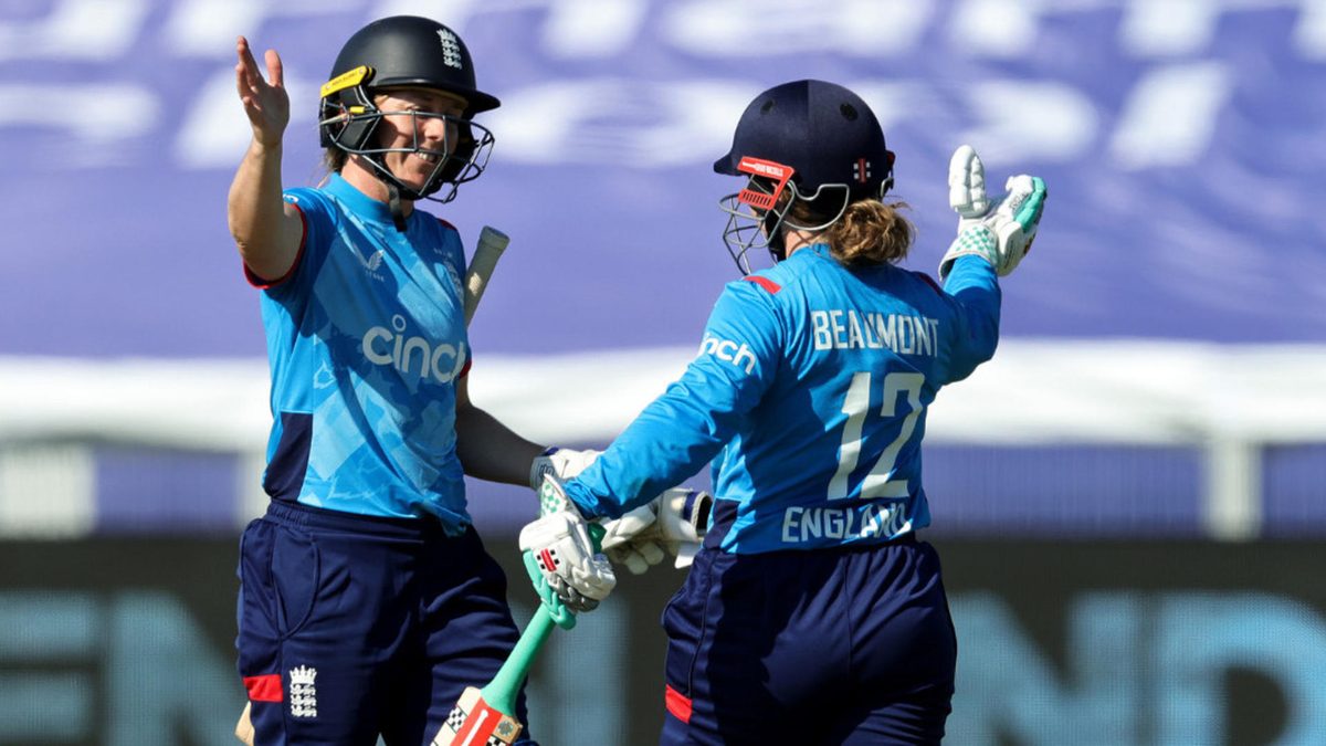 ammy Beaumont (R) of England celebrates with team captain Heather Knight after their victory during the 1st Women's Metro Bank ODI international match between England and New Zealand at the Seat Unique Riverside on June 26, 2024 in Chester-le-Street, England