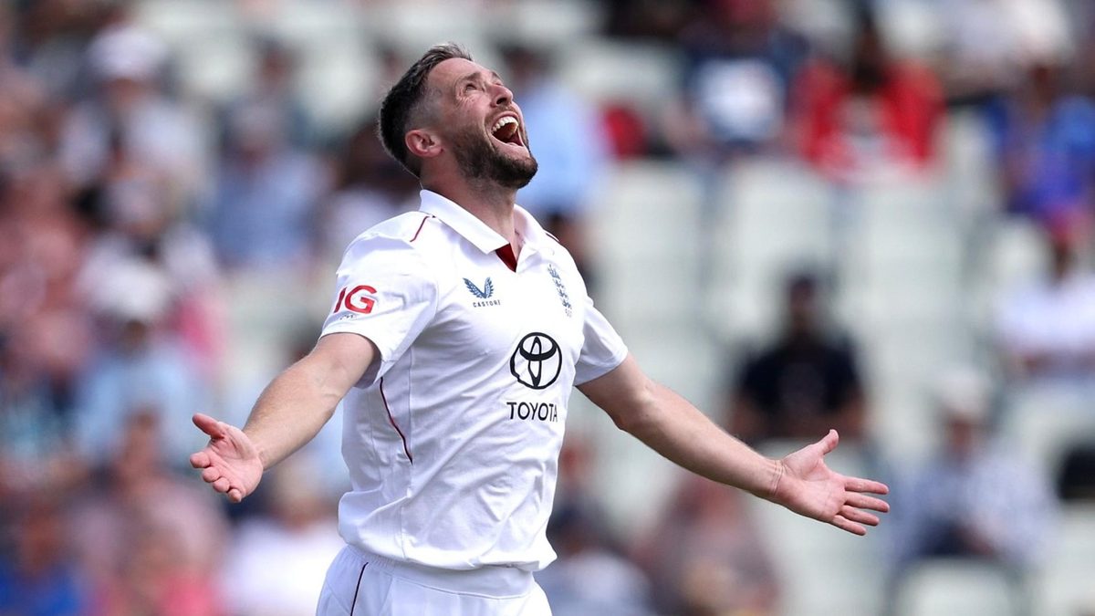 Chris Woakes celebrates the early wicket of KL Rahul on day one of the second England-India Test at Edgbaston