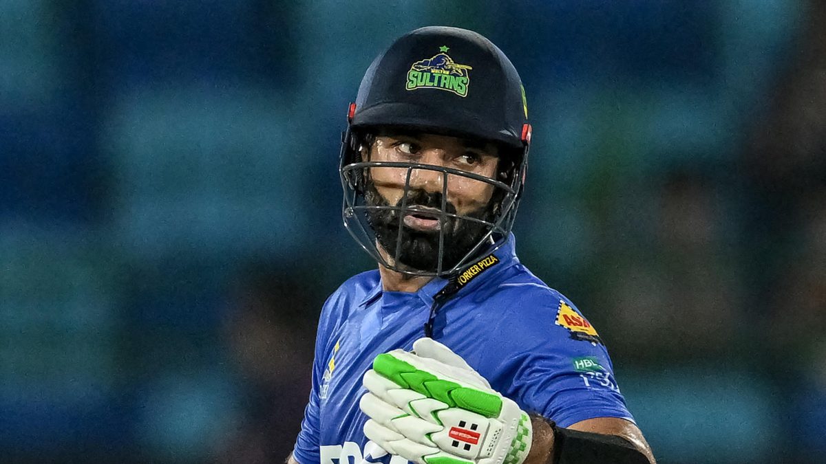 Multan Sultans' Mohammad Rizwan gestures as he celebrates after scoring a half-century (50 runs) during the Pakistan Super League (PSL) Twenty20 cricket match between Karachi Kings and Multan Sultan at the National Stadium in Karachi on April 12, 2025