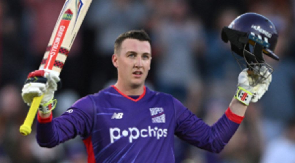Harry Brook celebrates his century for Northern Superchargers during The Hundred