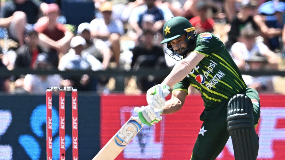 Pakistan's Sahibzada Farhan plays a shot during the fifth and final Twenty20 international cricket match between New Zealand and Pakistan at Hagley Oval in Christchurch on January 21, 2024