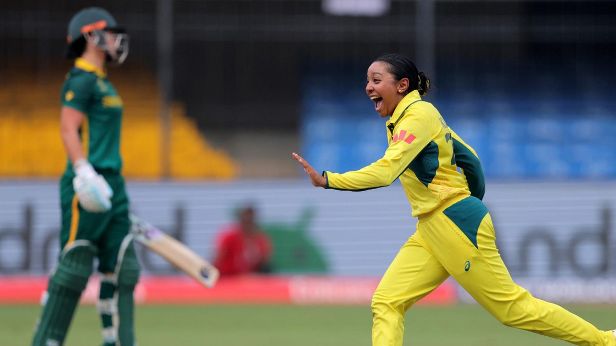 Alana King of Australia celebrates after taking the wicket of Marizanne Kapp of South Africa during the ICC Women's Cricket World Cup India 2025 match between Australia and South Africa at Holkar Cricket Stadium on October 25, 2025 in Indore, India