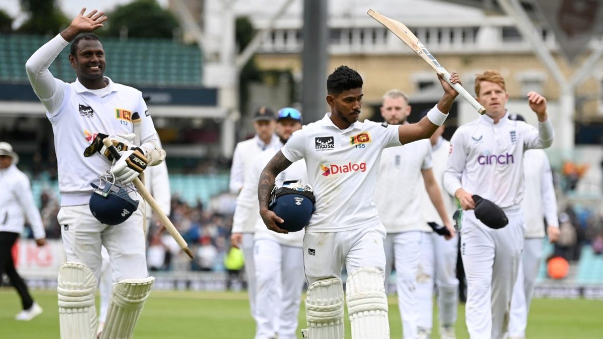 Pathum Nissanka and Angelo Mathews walk off at The Oval after beating England