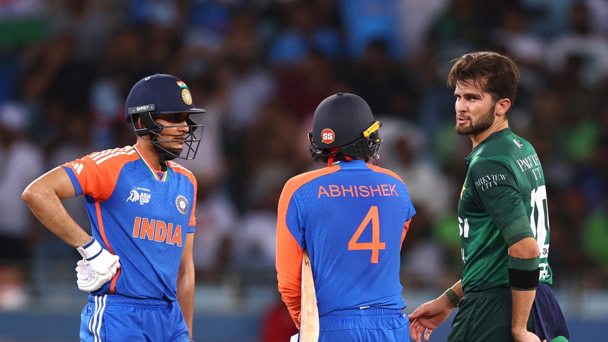 Shaheen Shah Afridi of Pakistan speaks to Abhishek Sharma of India and Shubman Gill of India during the Asia cup match between India and Pakistan at Dubai International Stadium on September 21, 2025 in Dubai, United Arab Emirates