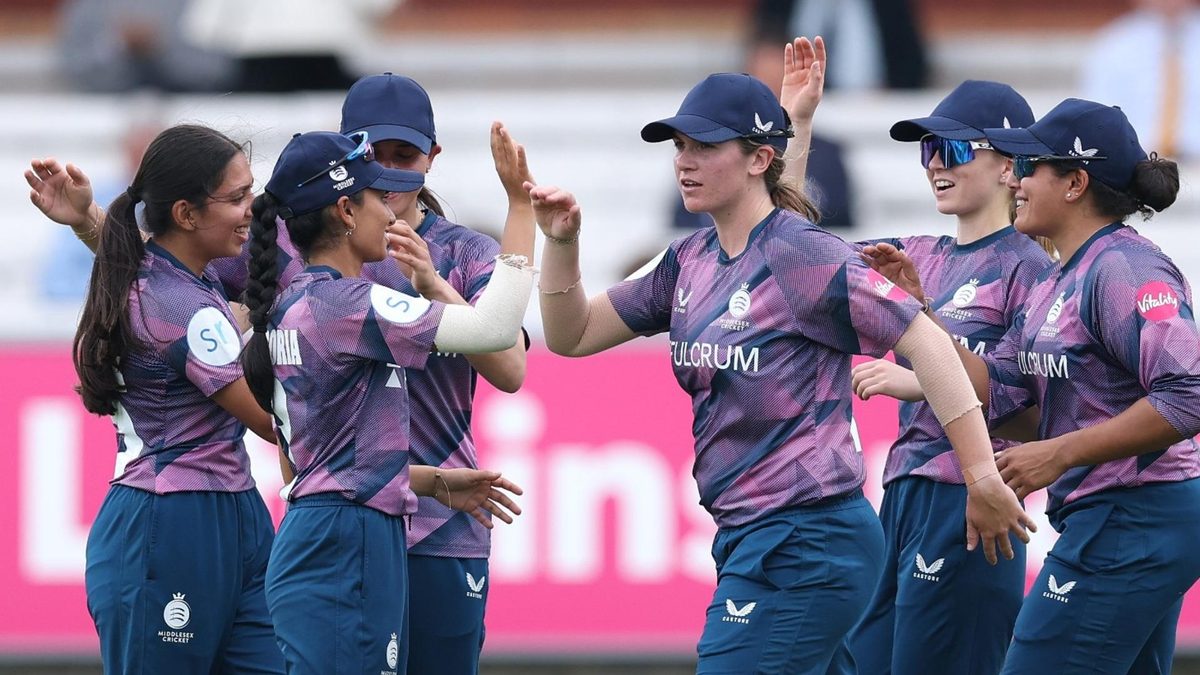 Middlesex women celebrate getting a wicket in the 2025 Tier Two T20 Blast