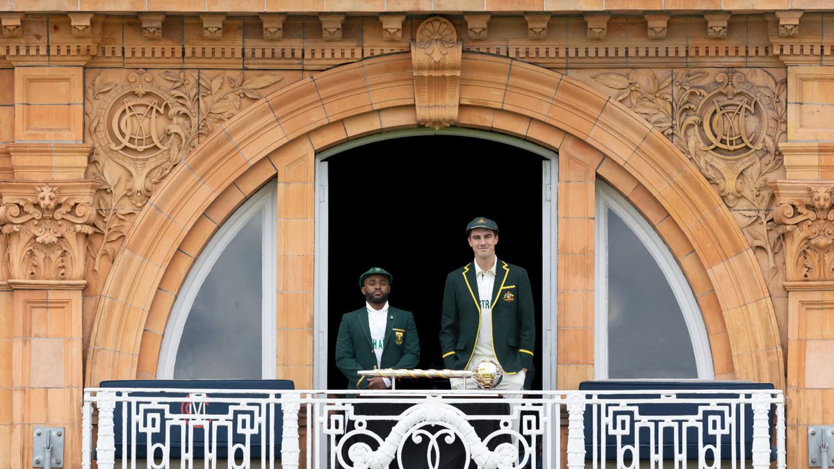 This image has been retouched) Temba Bevuma of South Africa and Pat Cummins of Australia pose for a photo with the ICC World Test Championship Mace at Lord's Cricket Ground on June 08, 2025 in London, England